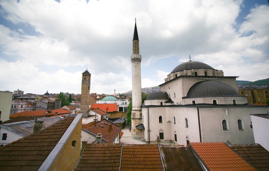 view of the Ferhadija Mosque from hotel room in Sarajevo